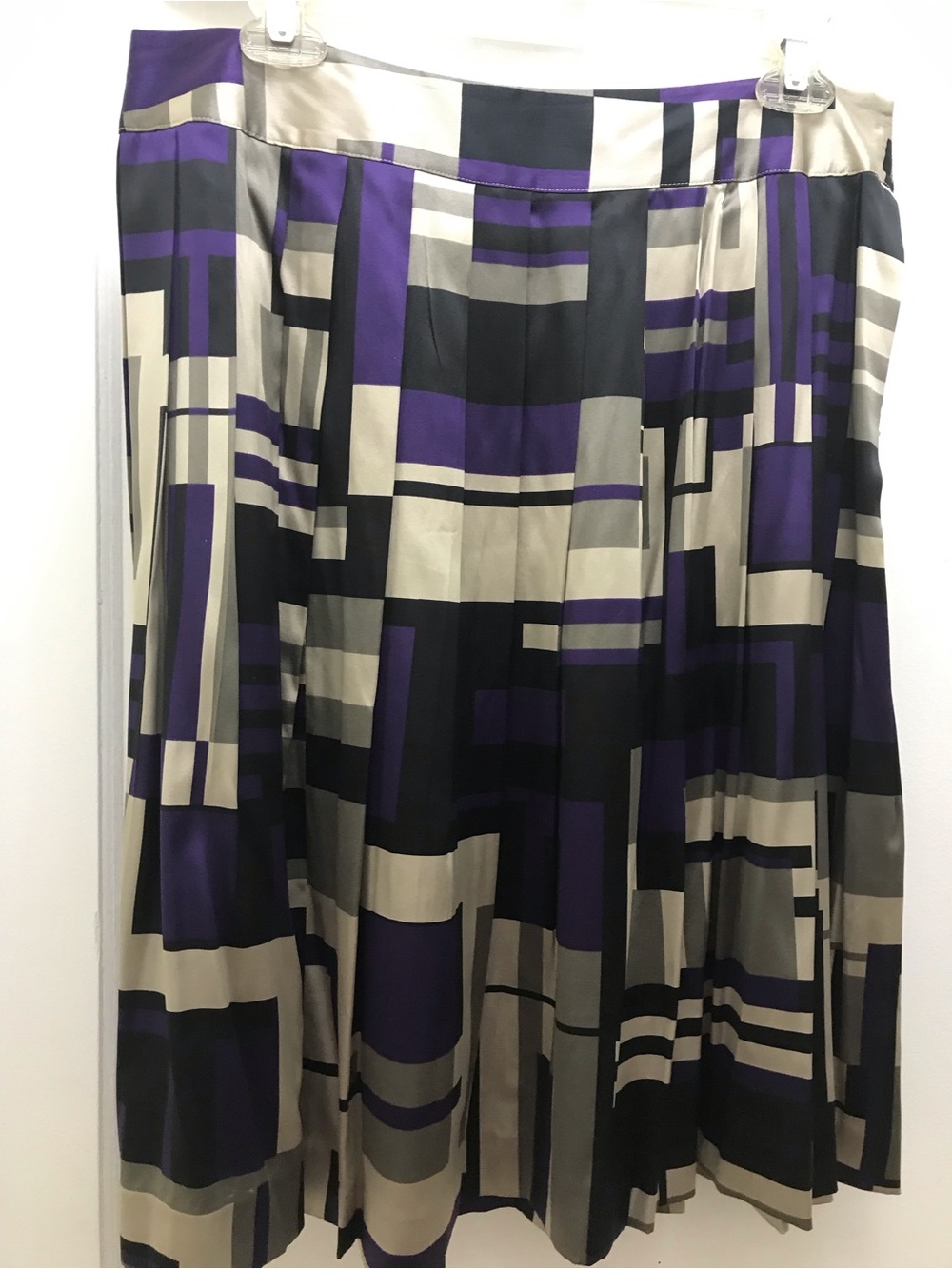 Abstract Geometric Pleated A-Line Skirt in Purple, Black & Cream